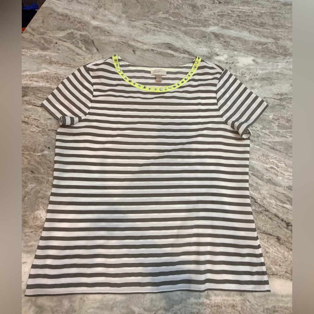 LOFT Striped Blouse L Gray White Neon Embellished Neck Short Sleeve Top